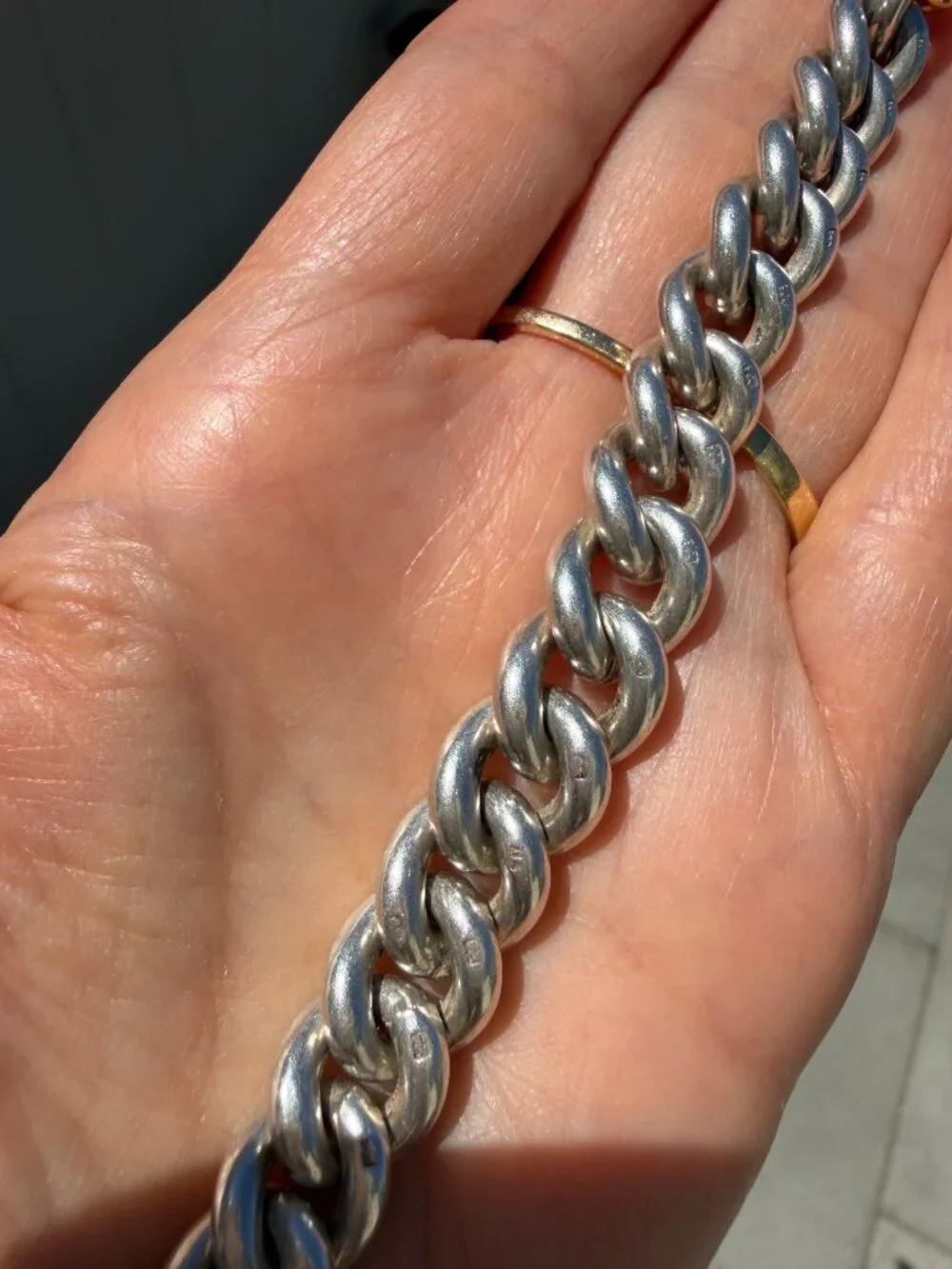 Chunky antique sterling silver curb chain bracelet with XL gold dog clip, 6.5